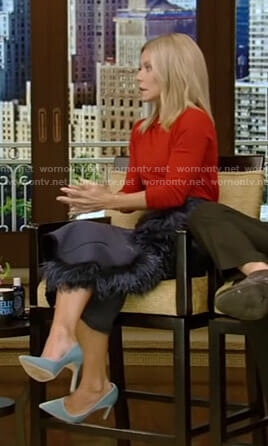 Kelly’s red sweater and feather embellished skirt on Live with Kelly and Ryan