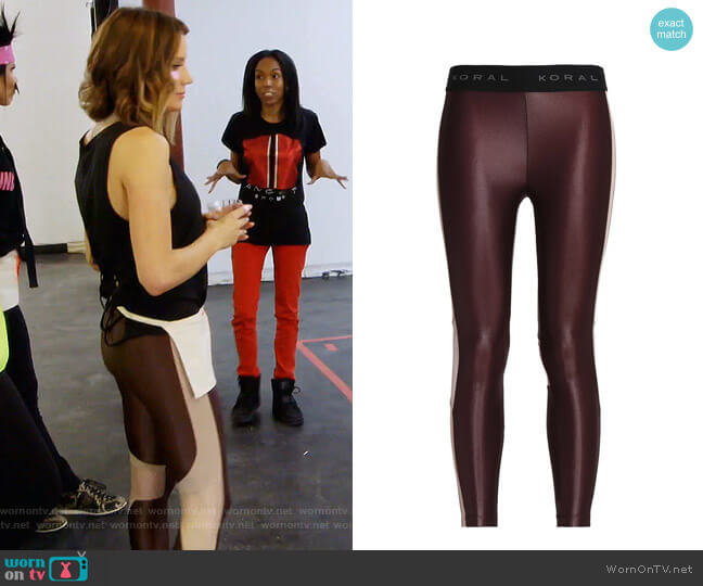 Mesh-Paneled Coated Stretch Leggings by Koral worn by Cary Deuber  on The Real Housewives of Dallas