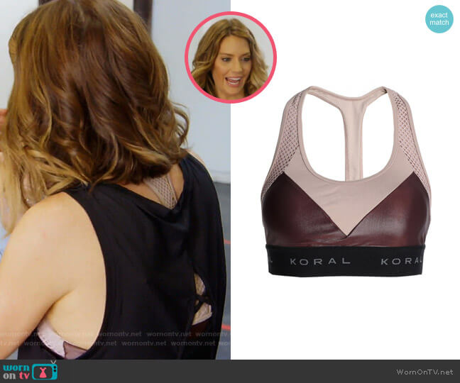 Mesh-Paneled Two-Tone Sports Bra by Koral worn by Cary Deuber  on The Real Housewives of Dallas