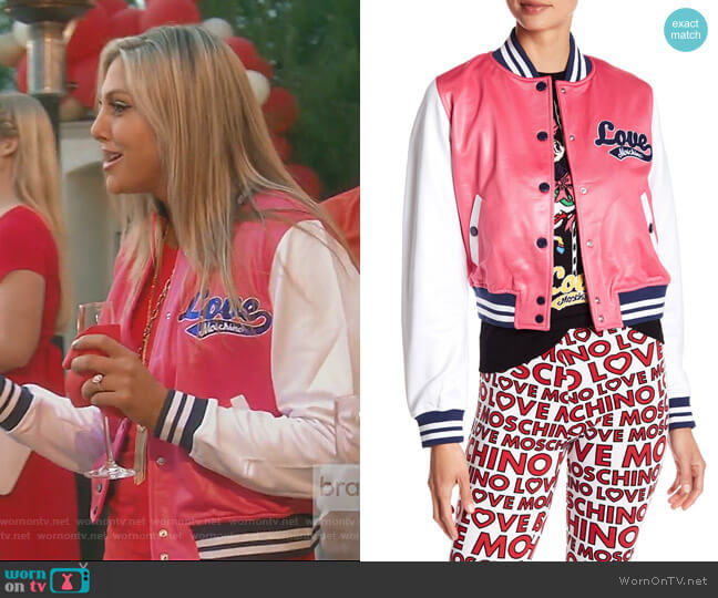 Leather Colorblock Jacket by Moschino worn by Gina Kirschenheiter on The Real Housewives of Orange County