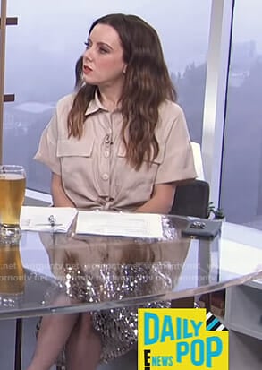 Melanie’s beige short sleeve shirt and sequin skirt on E! News Daily Pop