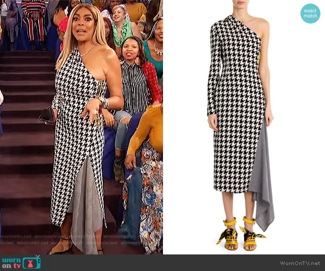 One-Shoulder Long-Sleeve Houndstooth Fitted Dress by Off-White worn by Wendy Williams  on The Wendy Williams Show