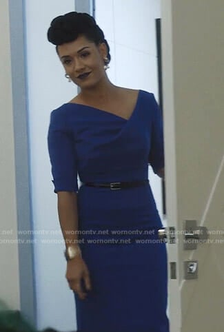 Reeva's blue v-neck sheath dress on The Gifted