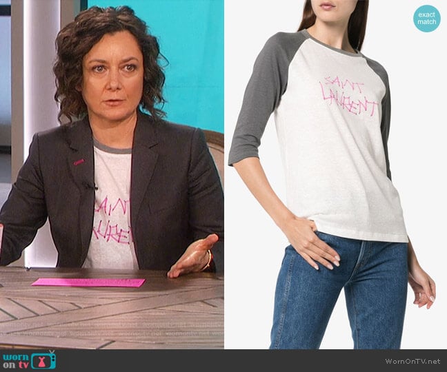 Logo Baseball T-Shirt by Saint Laurent worn by Sara Gilbert on The Talk