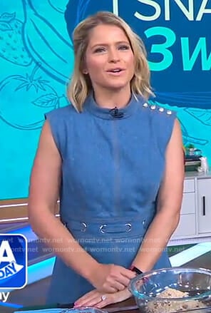 Sara’s blue grommet dress with buttons on GMA Day