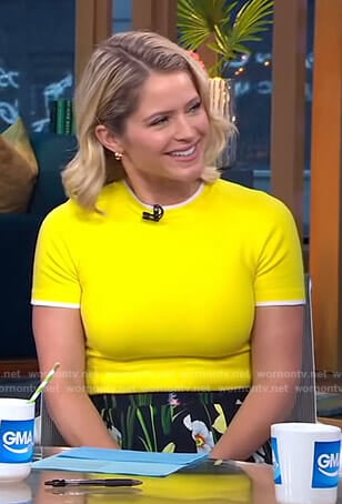 Sara’s yellow sweater and black floral skirt on GMA Day