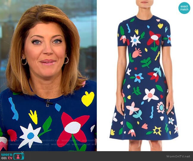 Short Sleeve Floral Knit Dress by Carolina Herrera worn by Norah O'Donnell on CBS Mornings