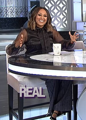 WornOnTV: Tamera’s black sheer blouse and striped trousers on The Real ...