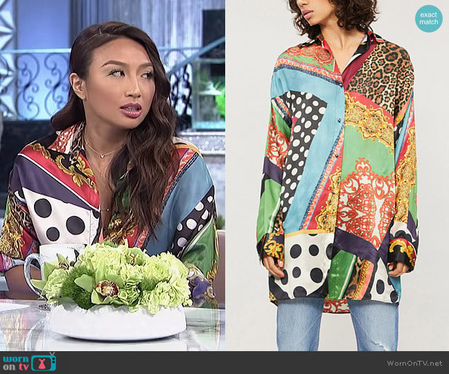 Baroque Printed Silk Shirt by The Kooples worn by Jeannie Mai on The Real