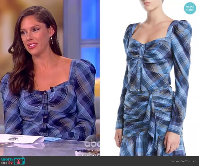 Frankie Plaid Puff-Sleeve Button-Front Top by Veronica Beard worn by Abby Huntsman on The View