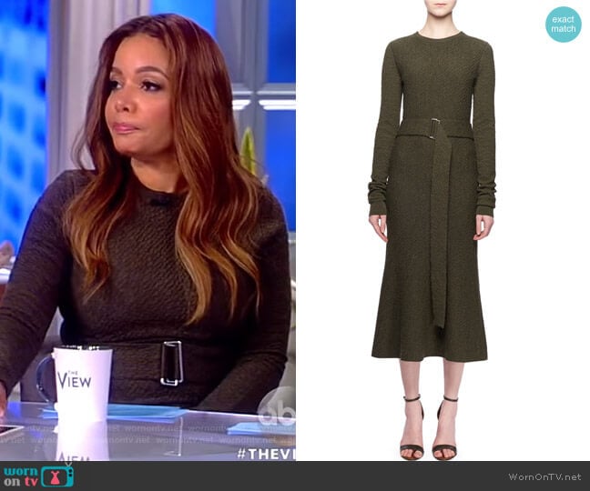 Jewel-Neck Long-Sleeve Belted A-Line Wool Midi Dress by Victoria Beckham worn by Sunny Hostin on The View