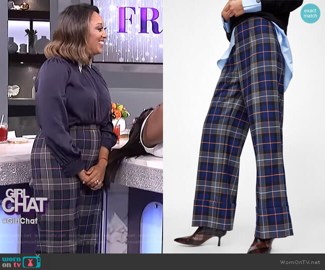 WornOnTV: Tamera’s navy satin blouse and plaid pants on The Real ...