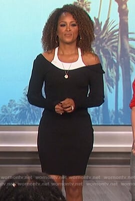 Eve’s black layered sweater dress on The Talk