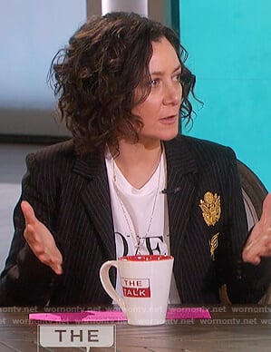 Sara’s black pinstripe blazer on The Talk