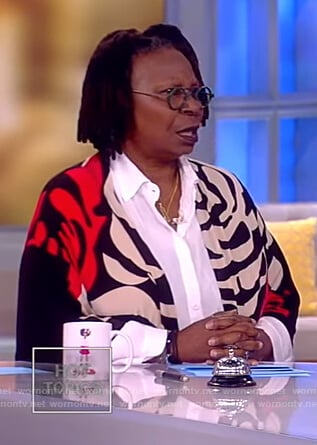 Whoopi’s black rose print cardigan on The View