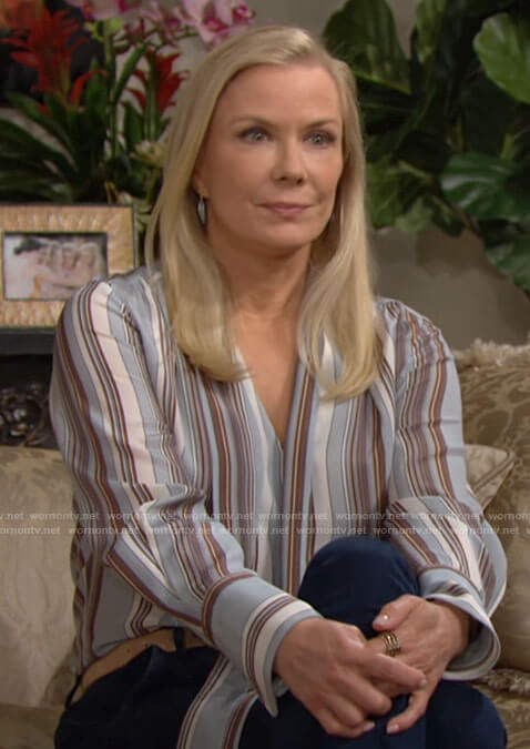 Brooke's blue striped tie-neck blouse on The Bold and the Beautiful