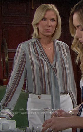 Brooke’s blue striped tie-neck blouse on The Bold and the Beautiful