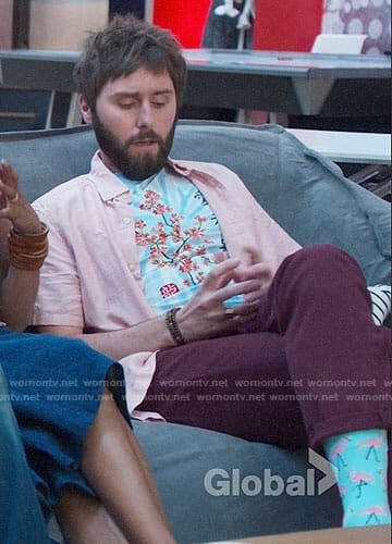 Chewey’s cherry blossom tee and flamingo socks on I Feel Bad