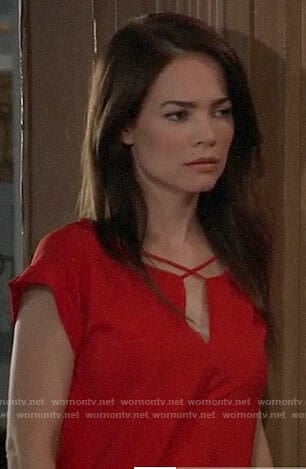 Elizabeth’s red criss-cross strap top on General Hospital