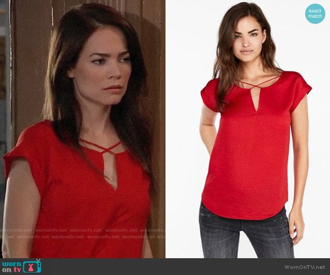 Express Satin Cross Front Gramercy Tee worn by Elizabeth Webber (Rebecca Herbst) on General Hospital