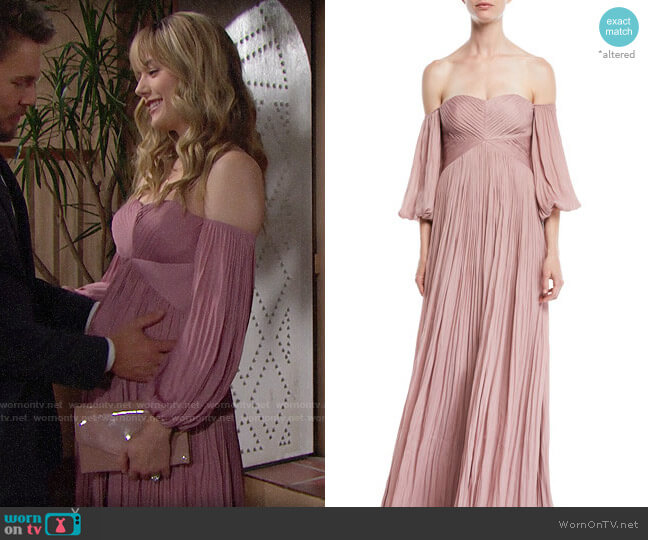 Halston Heritage Off-the-Shoulder Pleated Gown worn by Hope Logan (Annika Noelle) on The Bold & the Beautiful