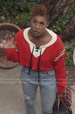Issa's red lace-up cropped sweater on Insecure