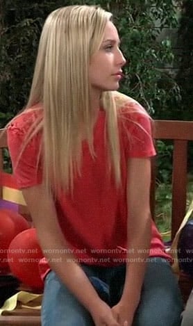 Josslyn’s red tee with lace-up sleeves on General Hospital