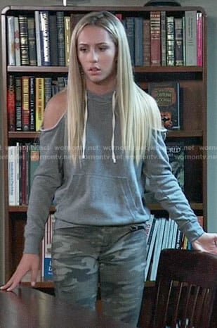 Josslyn’s cold-shoulder hoodie and camouflage jeans on General Hospital