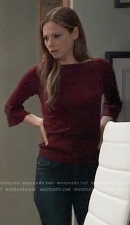 Kim’s burgundy bell-sleeve sweater on General Hospital