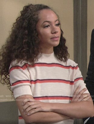 Mattie's cream striped short sleeve sweater on The Young and the Restless