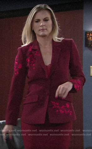 Phyllis's red floral embroidered blazer on The Young and the Restless