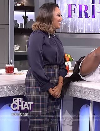 Tamera’s navy satin blouse and plaid pants on The Real