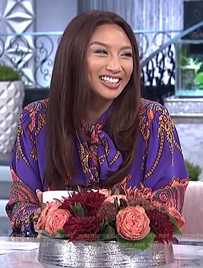 Jeannie's purple print tie neck blouse on The Real