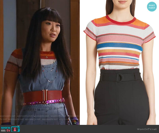 Monica’s multicolor striped tee on Take Two