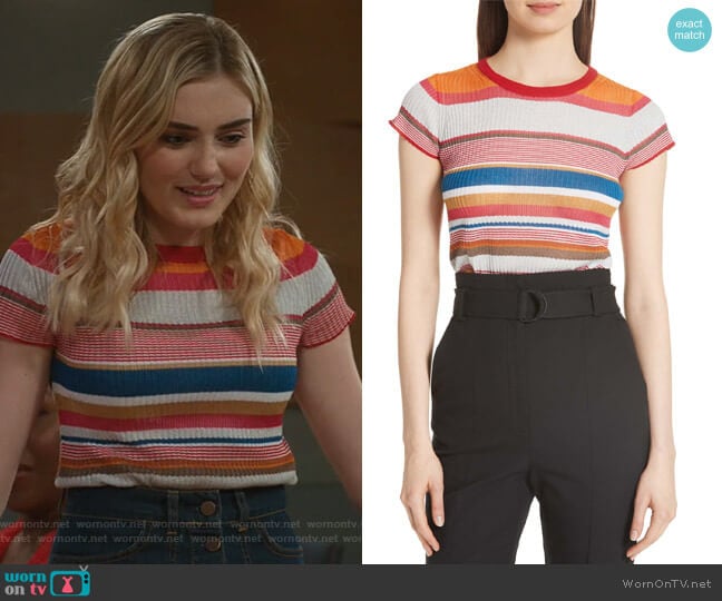 Katie Metallic Stripe Tee by Rag & Bone worn by Taylor Otto (Meg Donnelly) on American Housewife