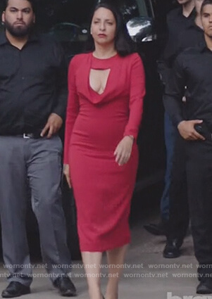 Camila's red cowl neck midi dress on Queen of the South
