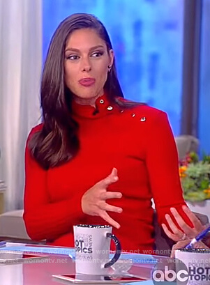 Abby’s red button shoulder embellished dress on The View