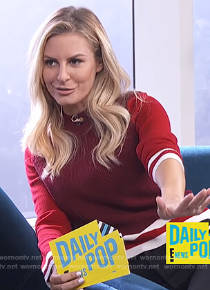 Morgan’s red ribbed sweater on E! News Daily Pop