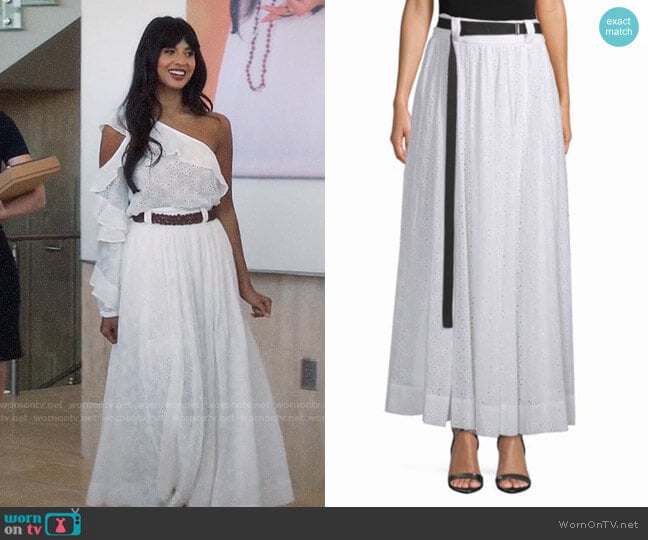 Robert Rodriguez Belted Eyelet Maxi Skirt worn by Tahani Al-Jamil (Jameela Jamil) on The Good Place