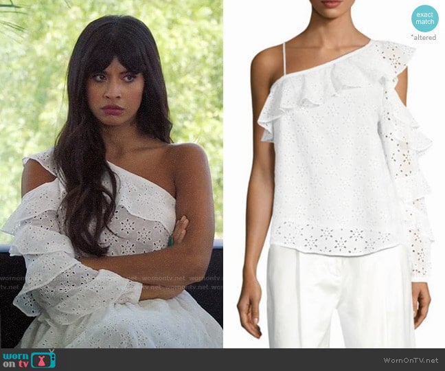 Robert Rodriguez Eyelet Ruffle Blouse worn by Tahani Al-Jamil (Jameela Jamil) on The Good Place