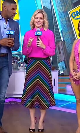 Sara’s pink blouse and metallic striped skirt on GMA Day