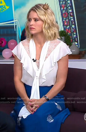 Sara’s white lace inset tie neck top on GMA Day