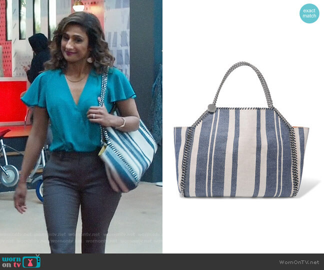 Stella McCartney Striped Falabella Tote worn by Emet Kamala-Sweetzer (Sarayu Blue) on I Feel Bad