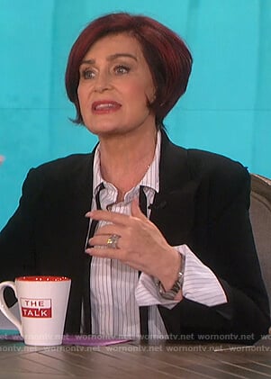 Sharon’s striped tie neck blouse on The Talk