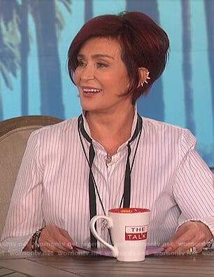 Sharon’s striped tie neck blouse on The Talk