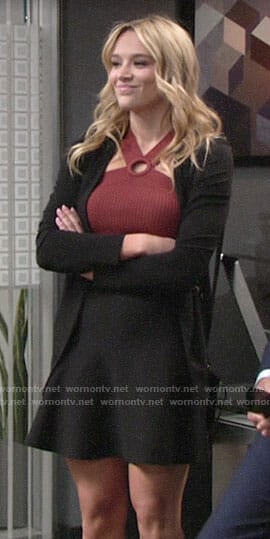 Summer’s red ring neck top and black skirt and blazer on The Young and the Restless