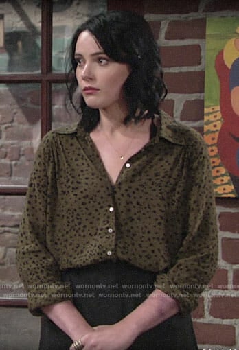 Tessa’s green leopard print shirt on The Young and the Restless