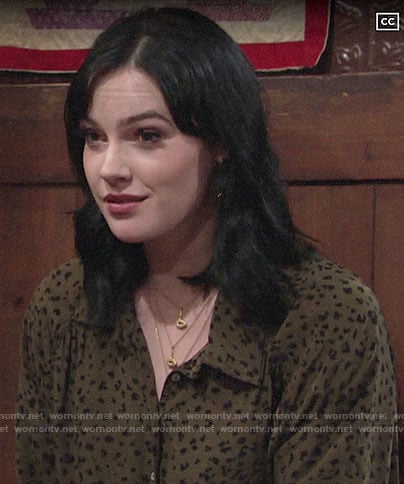 Tessa’s green leopard print shirt on The Young and the Restless