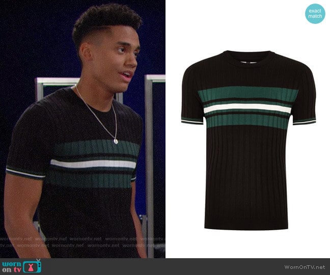 Topman Black And Teal Stripe Ribbed Sweater worn by Xander Avant (Adain Bradley) on The Bold and the Beautiful