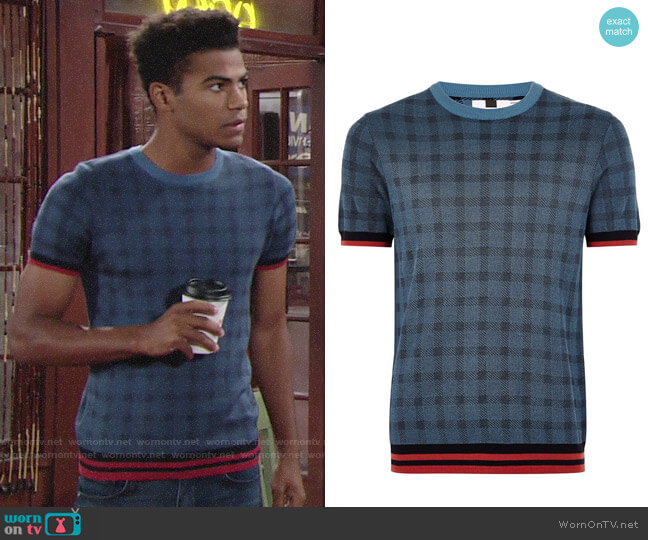 Topman Blue Check Tipping Sweater worn by Charlie Ashby (Noah Alexander Gerry) on The Young and the Restless